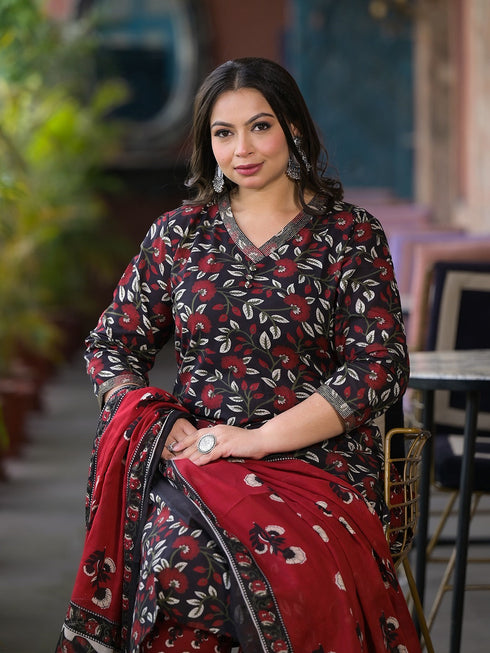 Women Plus Size Black Pure Cotton Kurta Set With Dupatta
